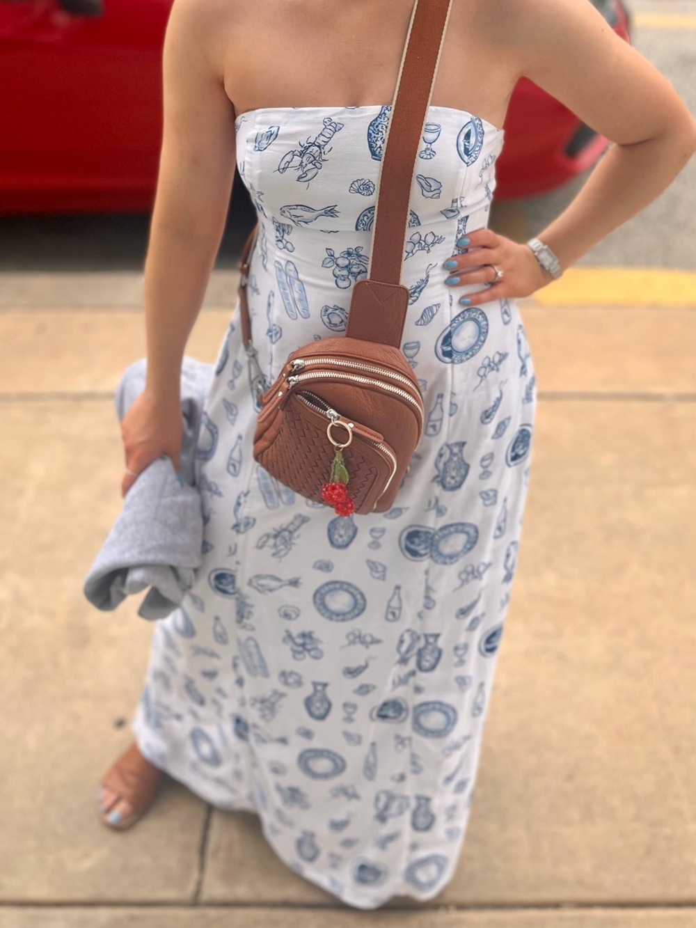 Japna White Strapless Maxi Dress with Blue Nautical Print